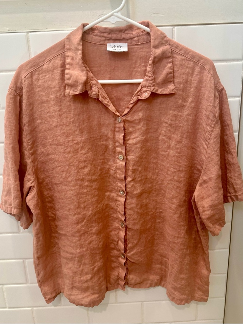 Nicole Miller New York 100% Linen Button Down Blouse - Terracotta